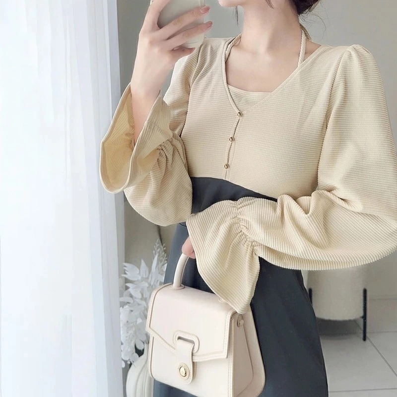 milybilet チョーカー デザイン レイヤード風 キャンディースリーブ ドッキング ナロー ワンピース レディース ハイウエスト 見え スタイルアップ レイヤードコーデ 大きいサイズ