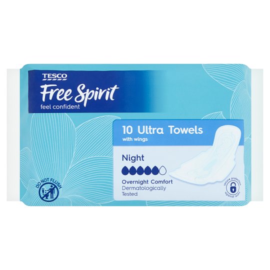 注目 Tesco Free Spirit 10 Ultra Towels with Wings Night 生理用品