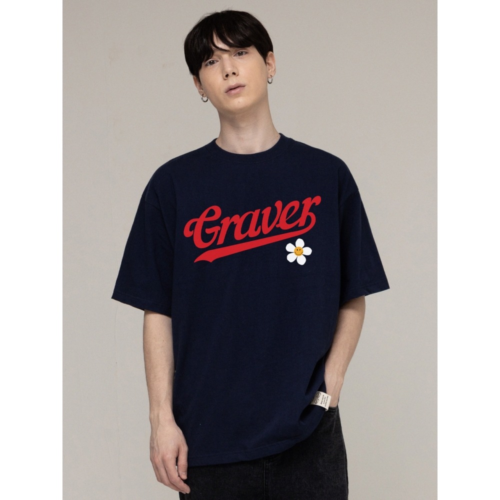 GRAVER ベースボールロゴフラワースマイル半袖Tシャツネイビー