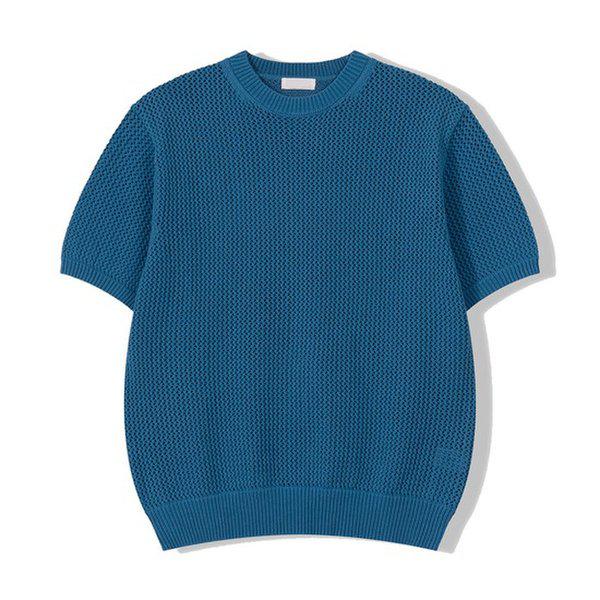メンズウッディネットラウンド半袖ニットTシャツ GN-KNH-Q011-ブルー