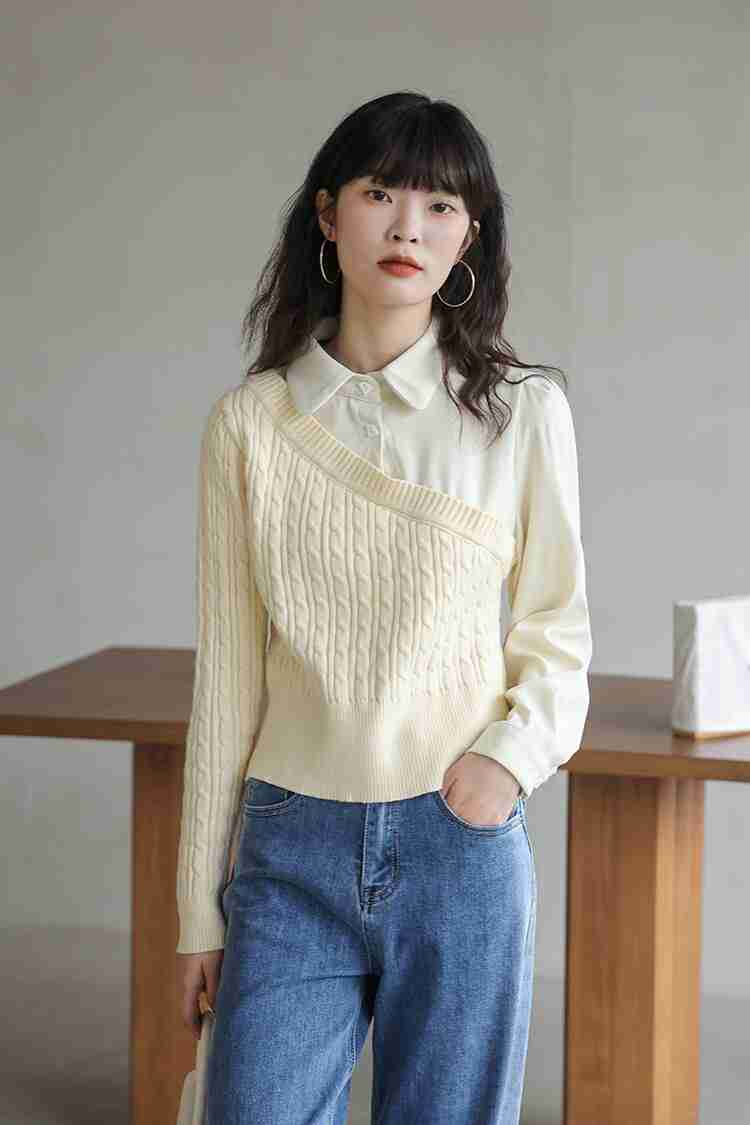 トップス シャツ ニット ニットセーター セーター フェイクレイヤード S M L トレンド お出かけ 長袖 長袖トップス ロングスリーブ ケーブルニット ケーブル編み 襟付き シンプル 無地 こなれ