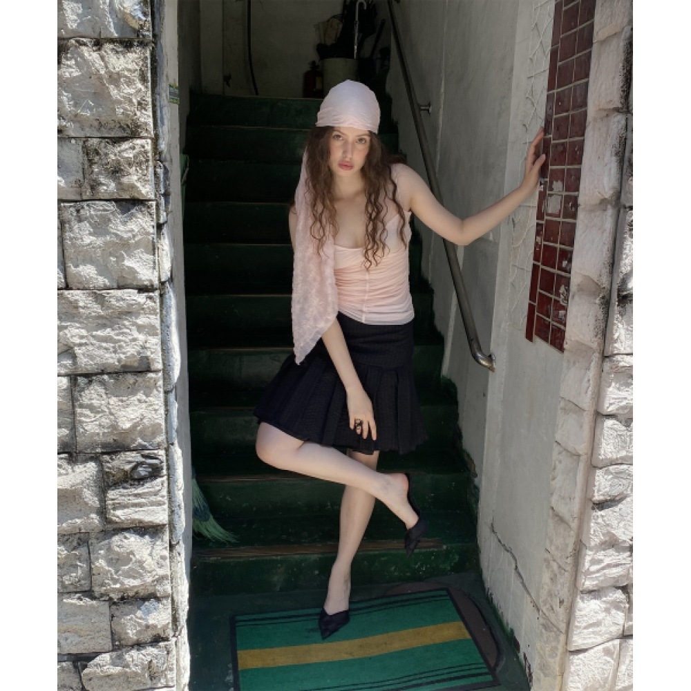 ロススリープオーバーレースストライプトレーススカート*ブラック