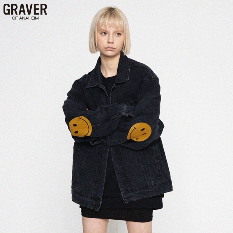 [UNISEX] ELBOW DOTSMILE DENIM JACKET_BLACK