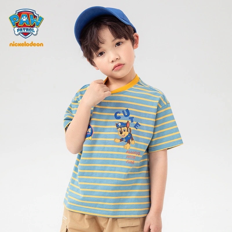 パウパウチームボーイズ半袖tシャツ夏子供用半袖ストライプトップ男の子ラウンドネック漫画ハンサム子供服