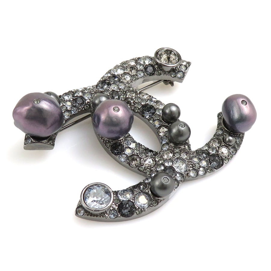 シャネル CHANEL ブローチ ココマーク メタル/ラインストーン ガンメタル/シルバー レディース w0898a