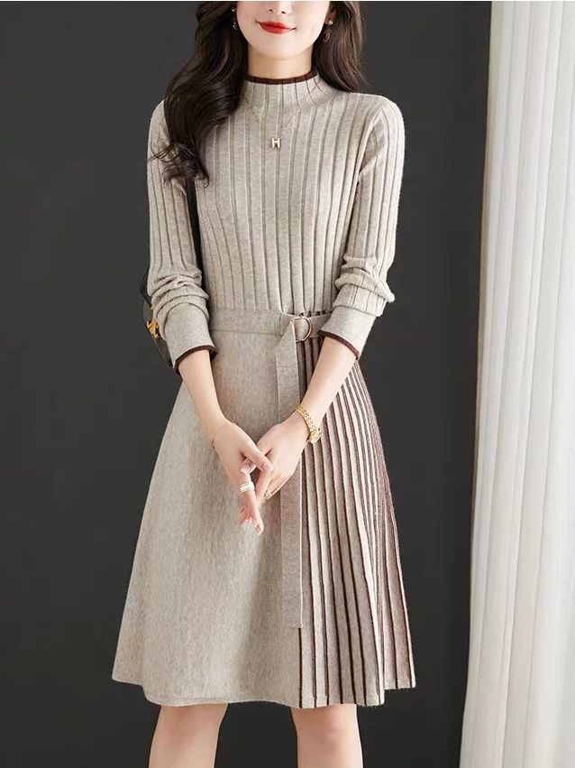 【1つ買うと10つ無料】女性の通勤気質気質のコートニットドレスと秋と冬長持ちする長いプリーツの底部のセータースカート