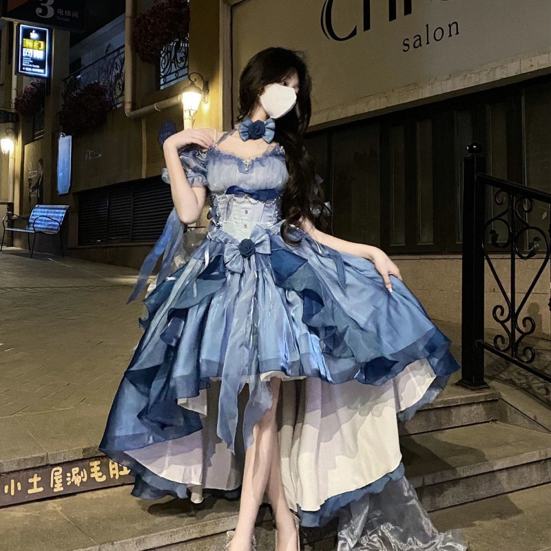 ブルーウェディングドレスロリータドレスドレスロリータ重工テールふわふわプリンセスドレス