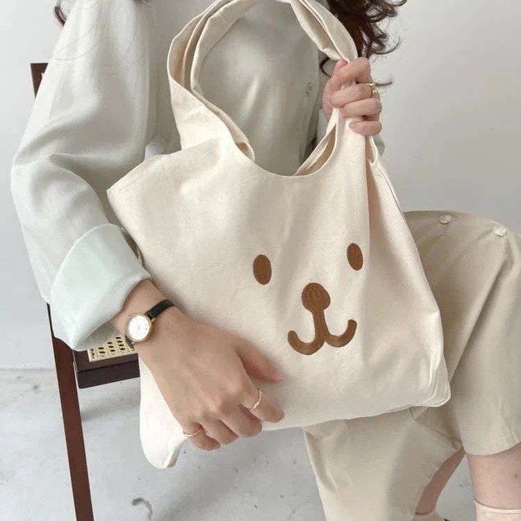 レディース新作キャンバスバッグ可愛い刺繍ベアベア学生大容量授業シングルショルダーバッグ手提げ袋