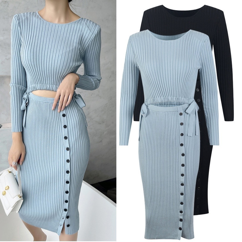 リブニットワンピース ウエストカットアウト 黒 ブラック 水色 ブルー 韓国 レディース オルチャン 膝下 ミモレ丈 長袖 Uネック ラウンドネック スリム タイト 細身 スマート