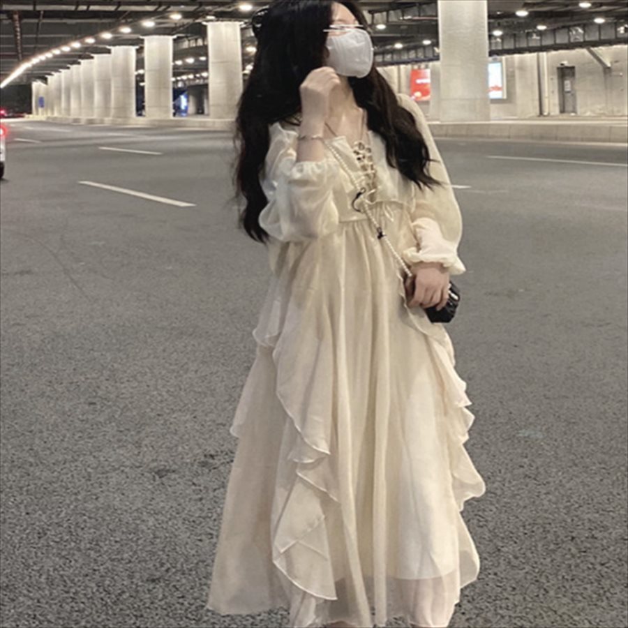 ロングドレス ワンピース 長袖 フリル フェミニン カジュアル 大人可愛い こなれ感 体系カバー 春 30代 40代 レディースファッション 可愛い お出かけ 女子会 デイリーユース