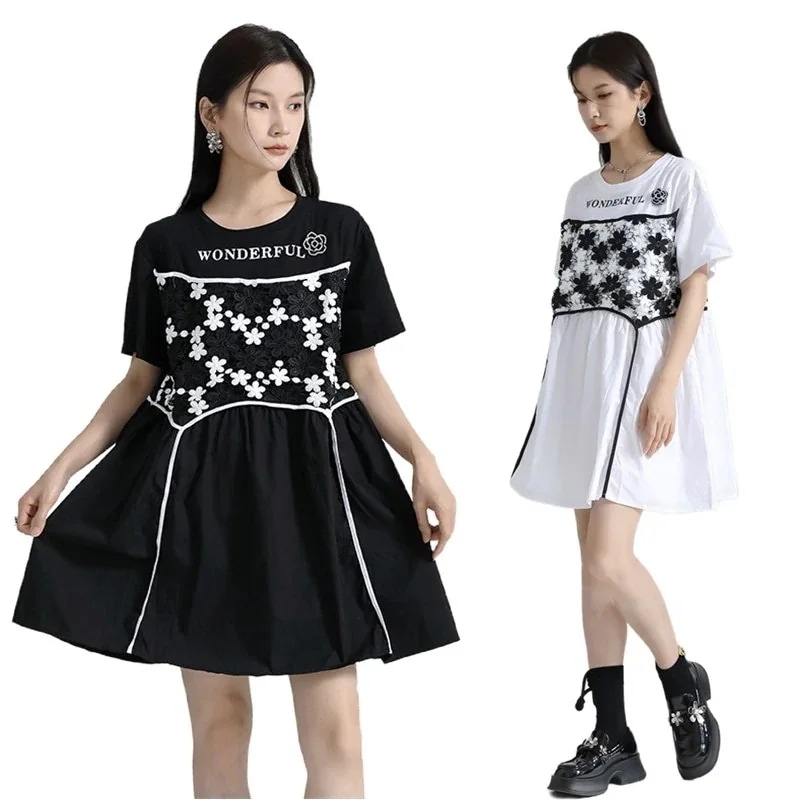 【J.Fashion】 花ロゴ ショートワンピース 偽2セット ドッキング Tシャツワンピース 夏 レディース 体型カバー チュニック シャツワンピース メガ割30%までに制限