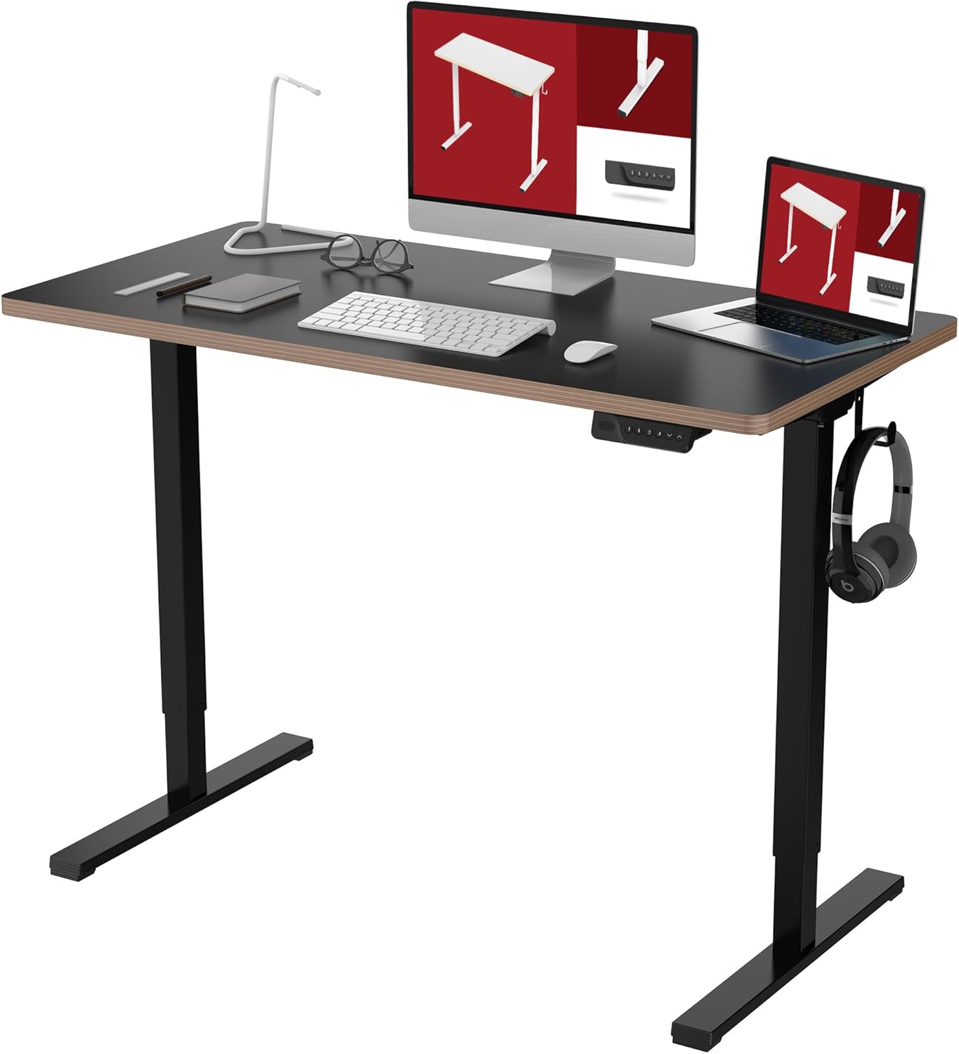 電動昇降式デスク E150 (120cm×60cm,簡単組立,USBポット,ホック,収納ボックス) 軽量化 メモリー機能付き 人間工学 一体型昇降デスク 高さ調節デスク パソコンラック PCデスク