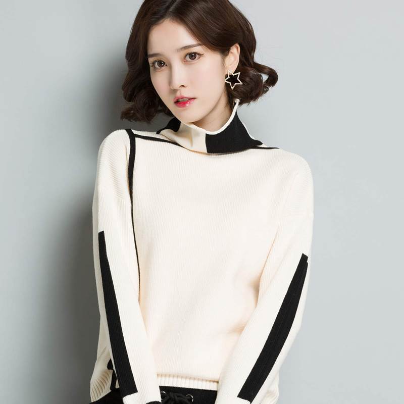 クーポン有ハイネック 長袖 ニット トップス レディース 個性的 秋 冬 裾イン 萌袖 カラバリあり ブラック グレー ホワイト グリーン バイカラー 無地 サイズ S M L XL LL 2XL 3