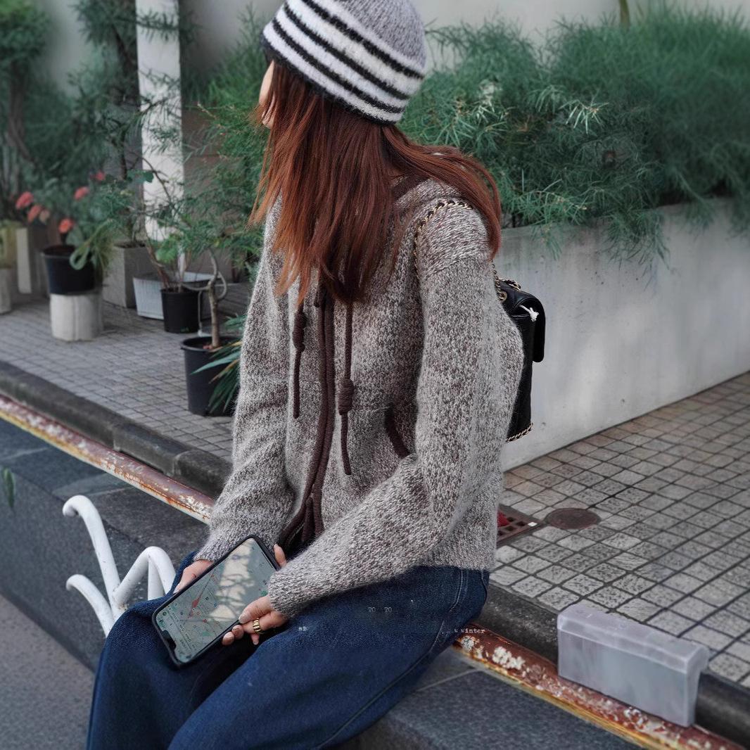 gifts for women keep warm 『フロスティスノートップ』モヘアミックスガーゼフード付きニットカーディガンスウェットジャケット