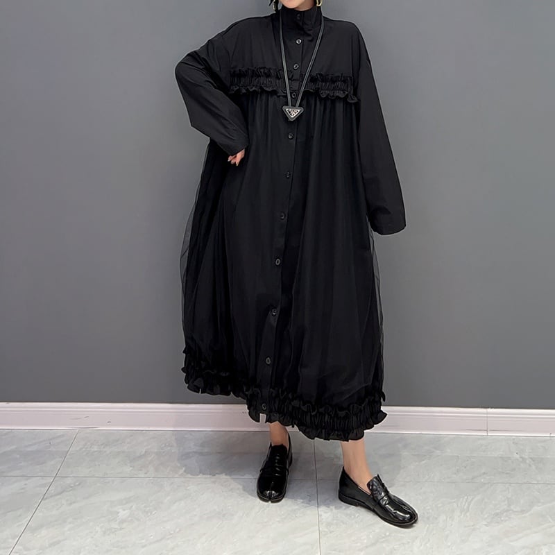 モード系スタンドカラー　メッシュ　レイヤード　シャーリングヘム　ロングシャツドレス 個性的なデザイン ステージ衣装 演出衣装 イベント こせい 個性 特徴あり 新作 TV 主演 ステージ衣装 モード系
