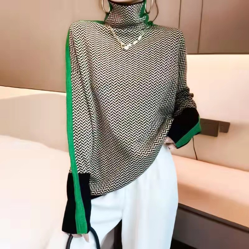 トップス カットソー セーター レギュラー丈 長袖 レギュラー袖 タートルネック 襟付き ストレート 綿 カジュアル お洒落 レトロ グリーン オレンジ 存在感 とろみ感 柄 春 秋 誕生日 個性的
