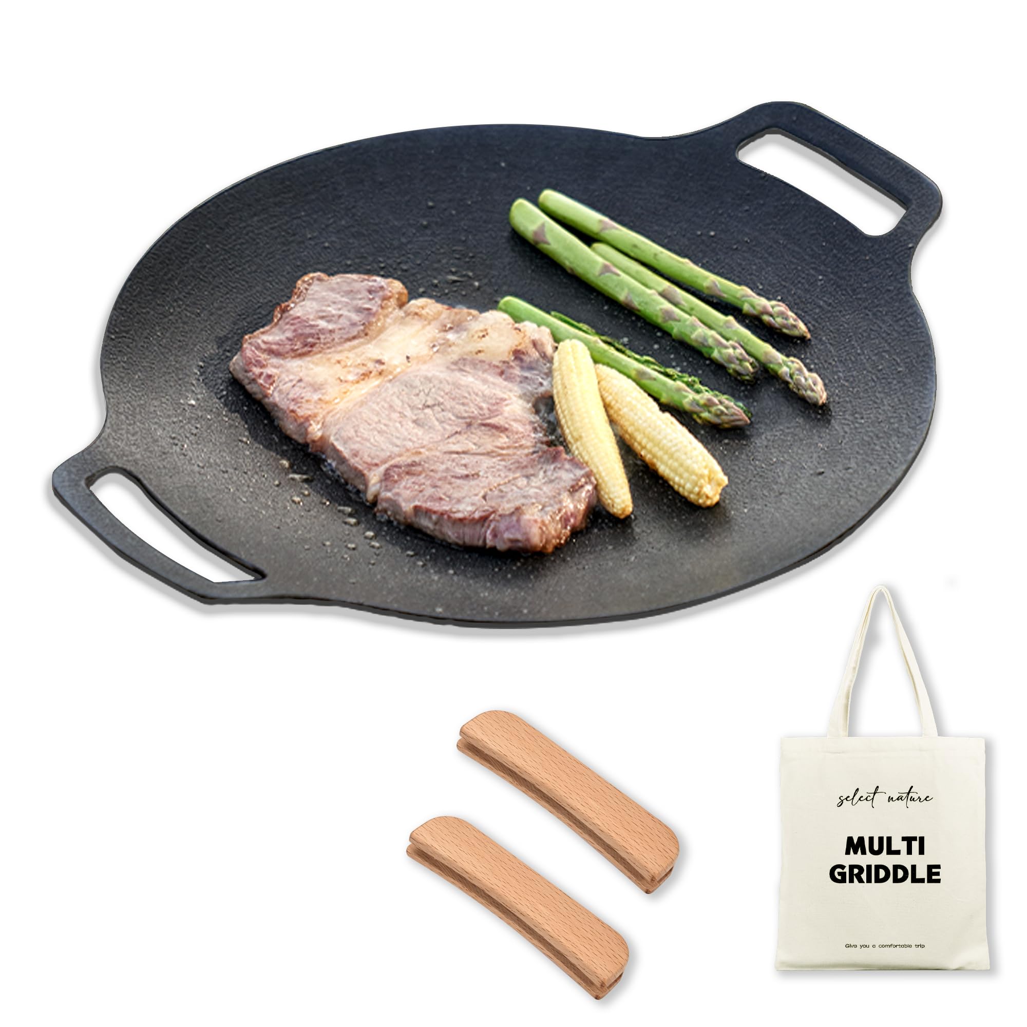 abizoe マルチグリドル グリルパン 直径29cm 厚さ4mm 鉄板 軽量 ガス/IH対応 木製取っ手カバー/収納袋付属 (29cm)