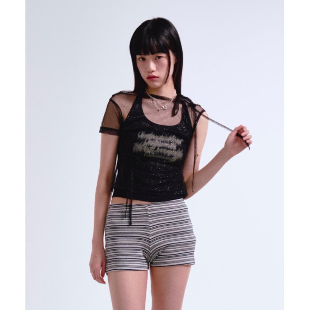 PRENDA GLITTER SEE THROUGH ONE SHOULDER LAYERED TEE BLAC