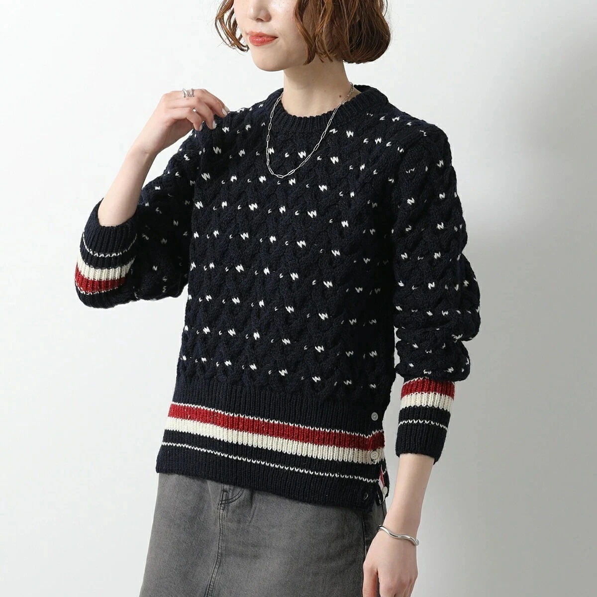 THOM BROWNE トムブラウン セーター MKA510B-Y1506 レディース ケーブル ニット ウール モヘア 長袖 ドット柄 ストライプ 415 M