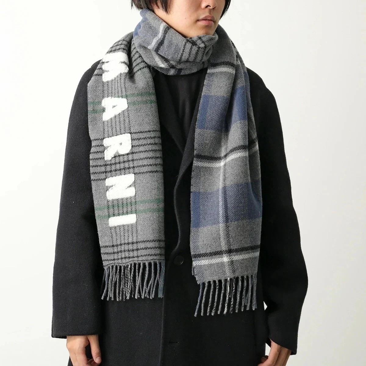 MARNI マルニ マフラー SCMC0119Y0 UAW035 メンズ ロゴ フリンジ 大判 ウール ストール スカーフ ダブルチェック 柄 CHN15/SO