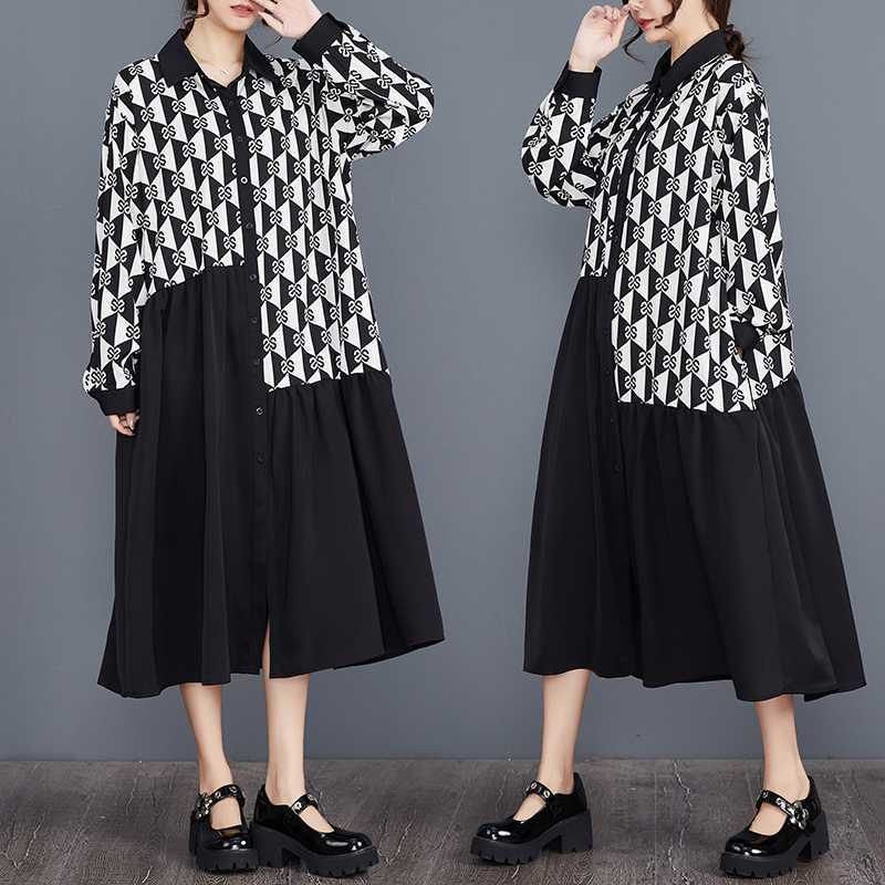 「ファットガール」 2024/春/夏/ゆったり/大きいサイズ/プリント/カラーブロック/スプリット長袖/無地ドレス30%までに制限 5,027円