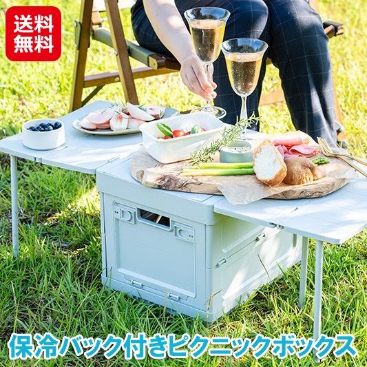 保冷バック付きピクニックボックス コンテナボックス 屋外 アウトドア 保冷バッグ コンテナ用 アウトドアテーブル 折りたたみ コンテナ サイドドア 省スペース