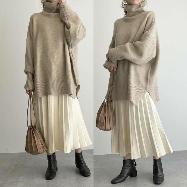 【2023 秋冬新作入荷】大人可愛い シンプル パフスリーブ ハイネック ニット スカート 無地 プリーツ 2点セット レディース