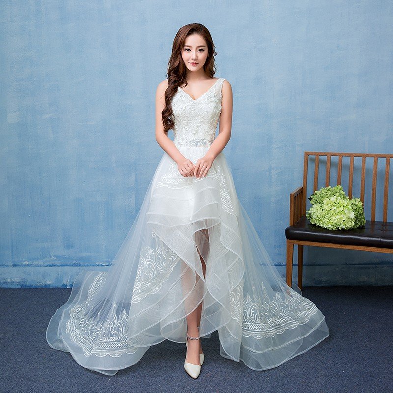 ウエディングドレス エンパイア 安い トレーンドレス 前ミニ ウェディングドレス 結婚式 二次会 ロングドレス 花嫁 パーティードレス 発表会