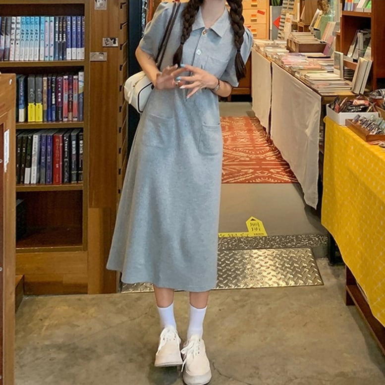 3color レディース ポロワンピース ロングワンピース ひざ下丈 半袖 襟付き ポロシャツ