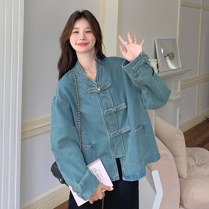 新しい中国スタイルのディスクバックルデニムジャケット2024新しいファッショナブルなレトロなレジャー小さな緩いトップス