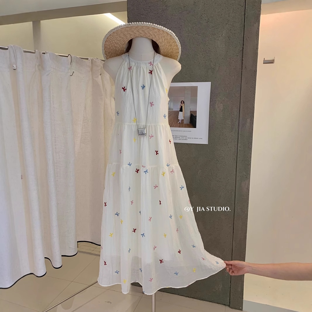 Y.jia甘くて優しいスリムな弓の刺繍ホルターネックシフォンドレス春と夏の妖精のスカート