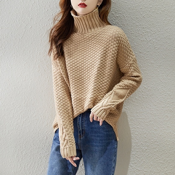 トップス ニットソー プルオーバー チュニック丈 袖あり 長袖 ドロップショルダー タートルネック サイドスリット リブ ざっくり編み 伸縮性 厚手 大人可愛い きれいめ シンプル カジュアル 大人
