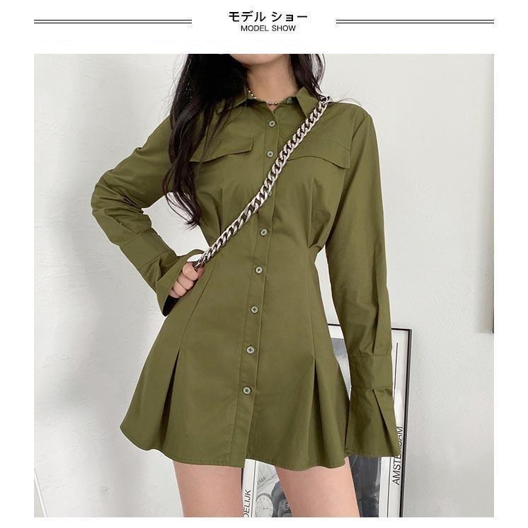 春 夏 ミニ丈ワンピース 長袖 シャツワンピ レディース ワンピース 春 ショートワンピ 長袖ワンピース 秋 着痩せ シャツワンピース ハイウエスト