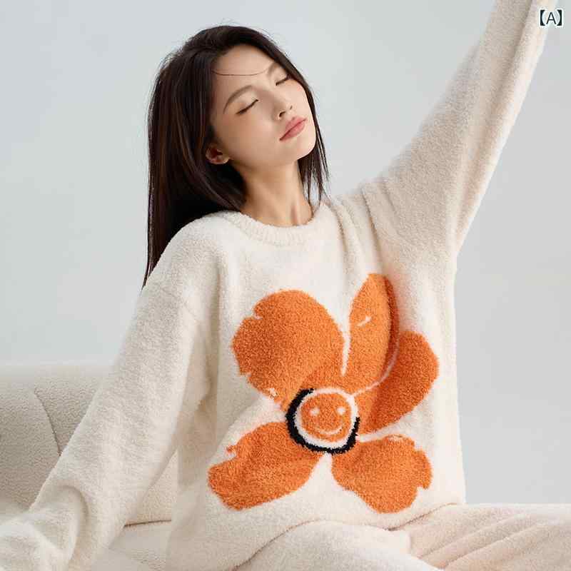 ルームウェア レディース パジャマ 部屋着 ガーリー コーラルベルベット フランネル 秋冬 長袖 ラウンドネック プルオーバー カーディガン 暖かい ホームウェア ラウンジウェア ベージュ パープル