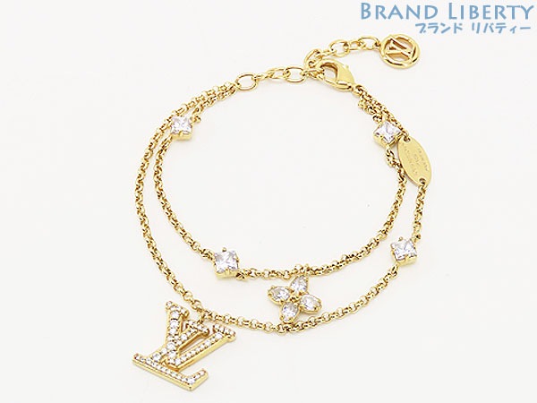 レア美品ルイヴィトンブレスレットレディLVラインストーンダブルチェーンゴールドM1582Aブレスレット