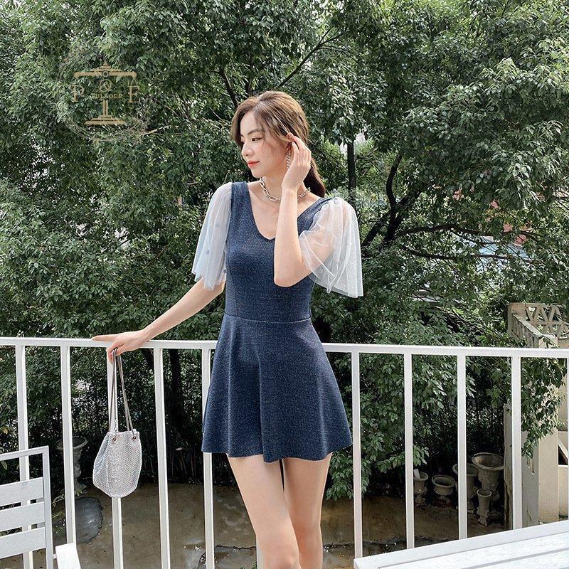 [新品][セール]水着 ワンピース 半袖 レース Vネック レディース 背中見せ ドレス 体型カバー パット取り外せる リゾート 夏