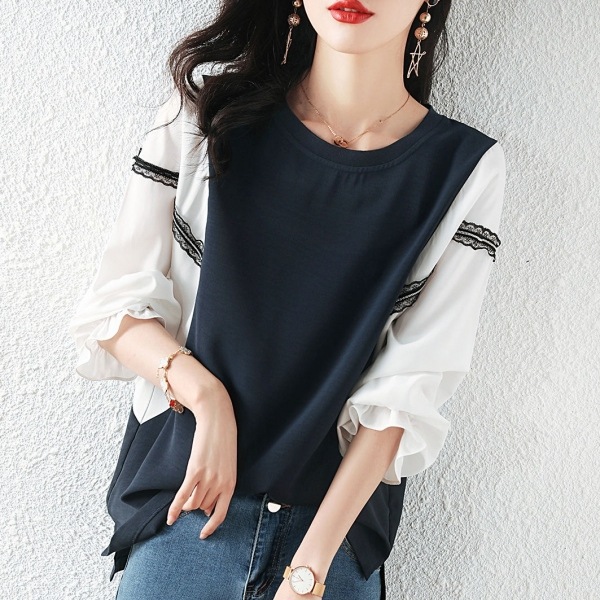 【今季注目】 差し色 ファッション 切り替え レース ギャザー飾り ブラウス