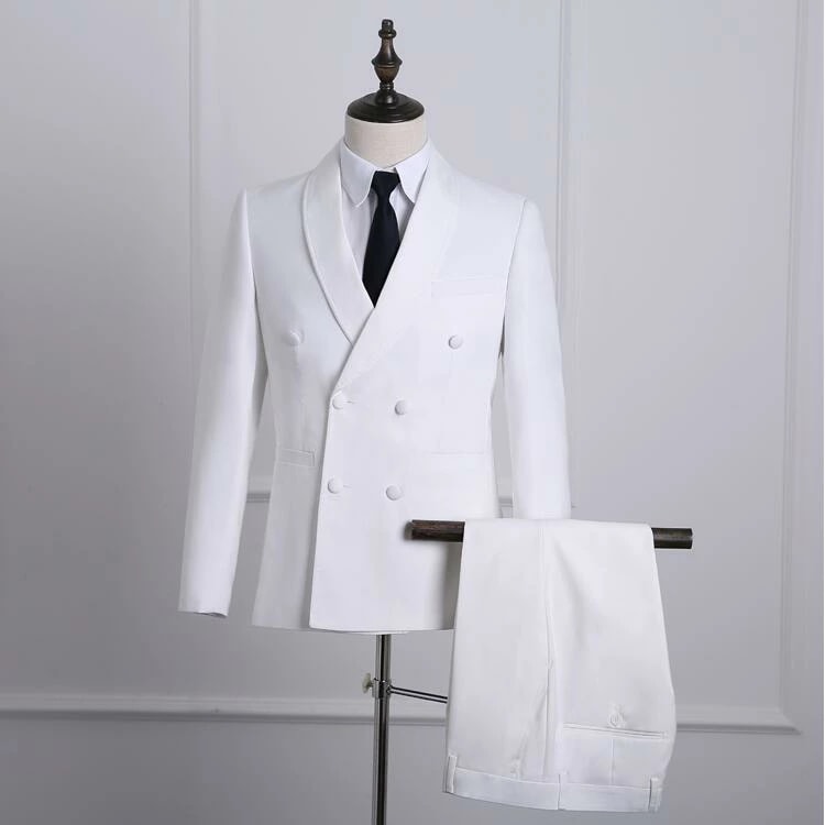 ダブルスーツ タキシード メンズスーツ フォーマル パンツスーツ 結婚式 二次会 カジュアル お呼ばれ 卒業式 入学式 大きいサイズ 長袖 ジャケット＋ズボン 2点セット 無地ホワイト