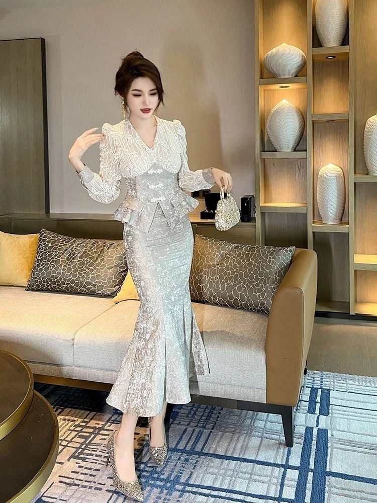 【JY.上品】 上下セット レース フリル マーメイド vネック 春冬 セットアップ ドレス パーティードレス着痩せ 大人 お呼ばれ 同窓会 披露宴 卒業式 結婚式 ウェディング 二次会 成人式