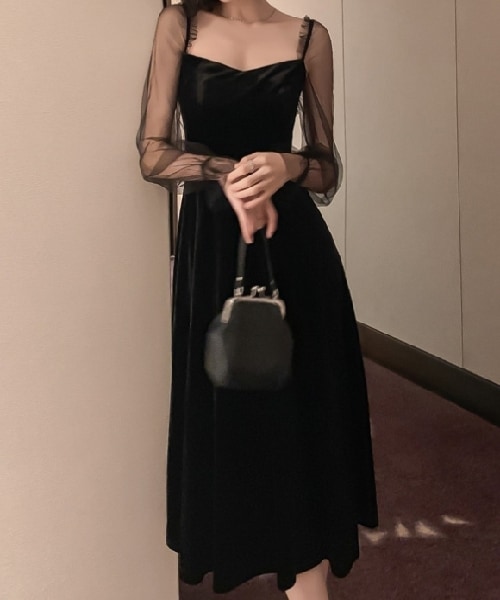 レディース ドレス パーティードレス イブニングドレス フレア 結婚式 二次会 披露宴 ミモレ 長袖 スクエアネック Aライン レース ファスナー 透け感 シースルー 背中開き シンプル 大人可愛い 16,280円