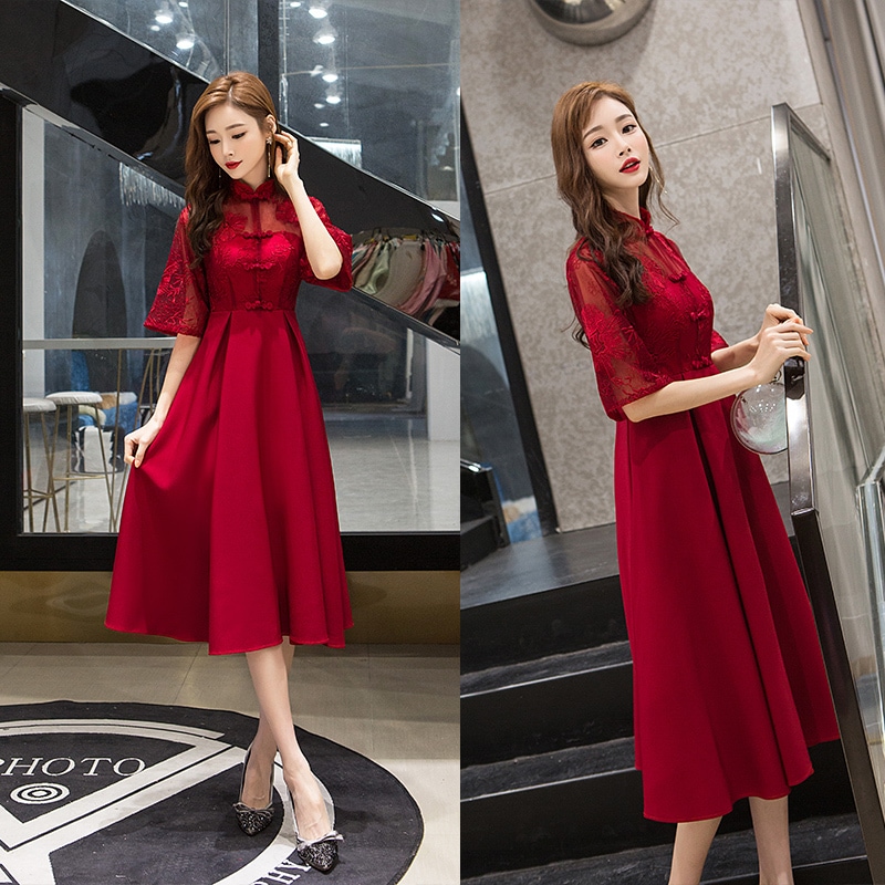 チャイナドレス風ワンピース ワンピース フレアワンピース ワンピドレス 膝丈 ひざ丈 ロング ロング丈 袖あり 半袖 ハイネック フレア 切り替えデザイン レース 切り替えデザイン ハイウエスト