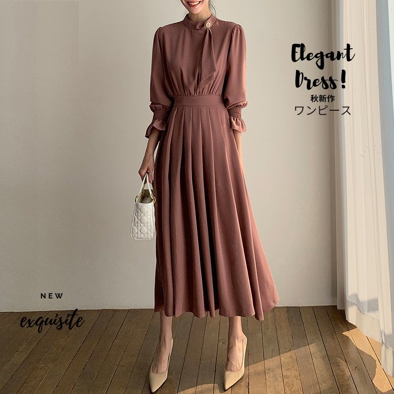 ワンピース ドレス 30代 40代 エレガント 上品 プリーツ ロング丈ワンピース Aライン 優雅 レディース パーティードレス 春 秋 長袖 袖あり OLオフィス 通勤 フォーマル 結婚式 二次会