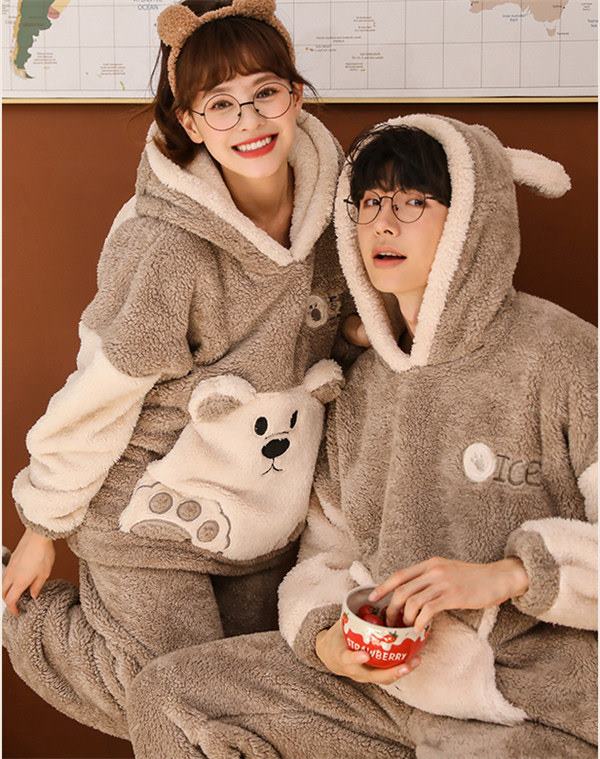 ルームウェアパジャマペアパジャマ ペア カップルパジャマ 裏起毛 カップル ギフト 熊柄 もこもこ 上下セット ペアルック 夫婦 着る毛布 結婚祝い 寝間着 フリース パジャマ プレゼント ルームウェ