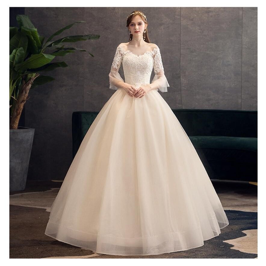 ロングドレス 袖あり ウエディングドレス Aラインドレス パーティードレス ステージ衣装 二次会 結