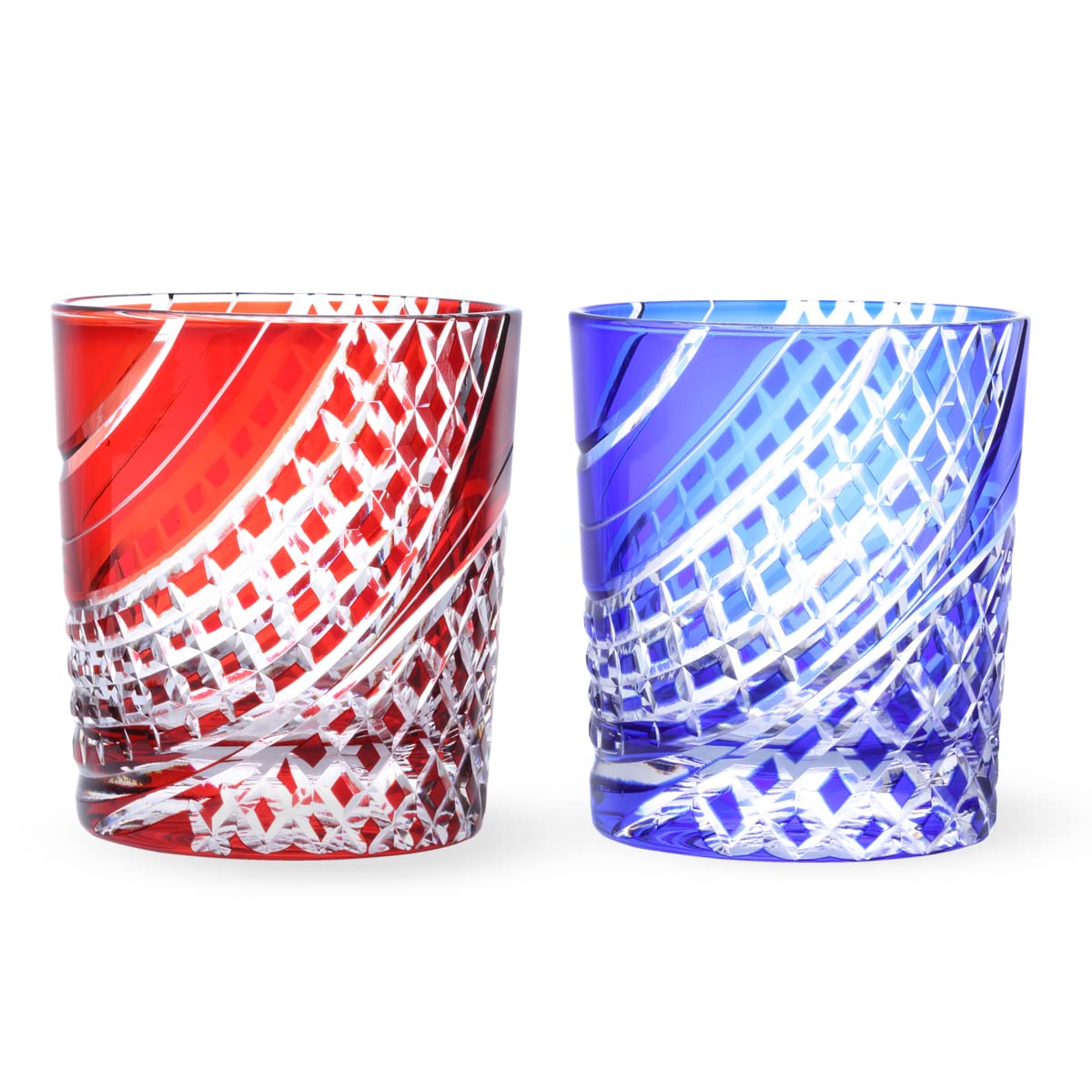 J-kitchens 郷愁 切子 ペア グラス カップ Φ80xH90mm 280cc 流水格子 レッド &ブルー 美匠 Current Model