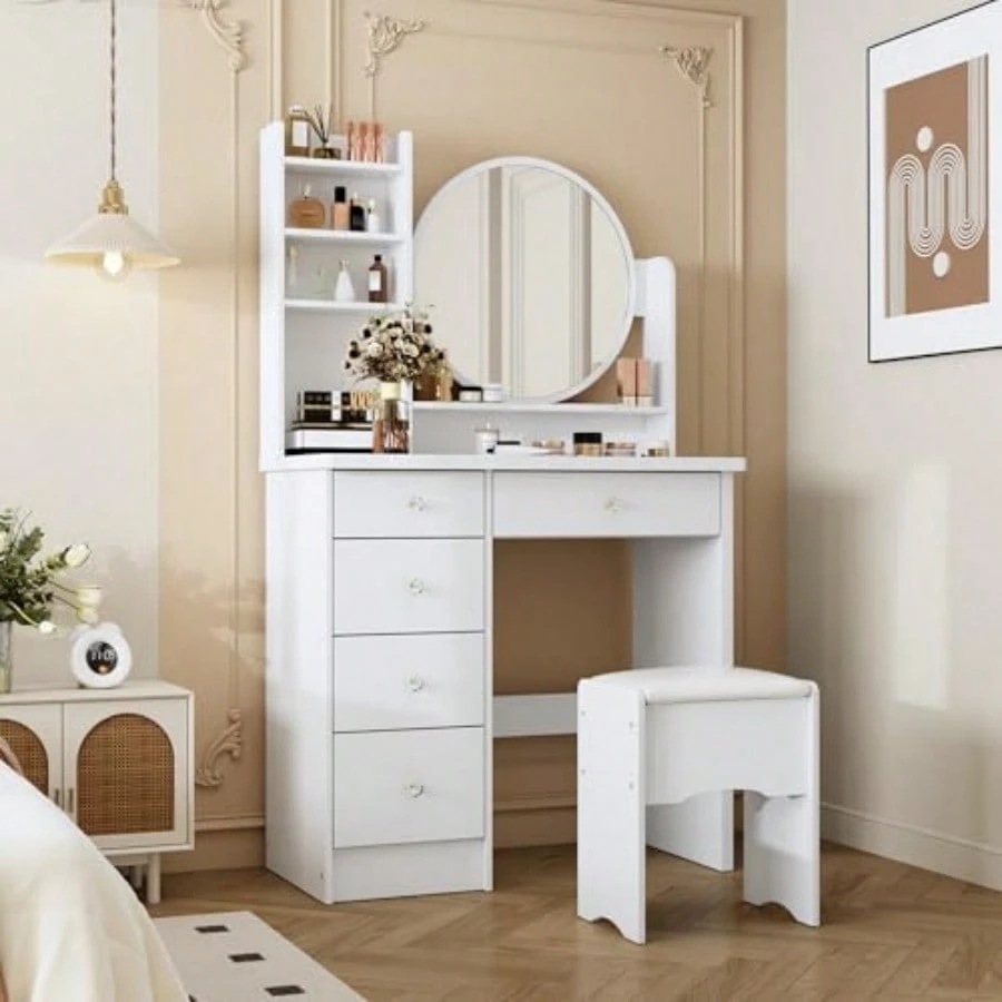 ドレッサー セット コンパクト ミラー 幅80×奥行36×高さ135cm ホワイト 白 おしゃれ 大容量収納 引き出し5杯 スツール 化粧台 鏡台 かわいい