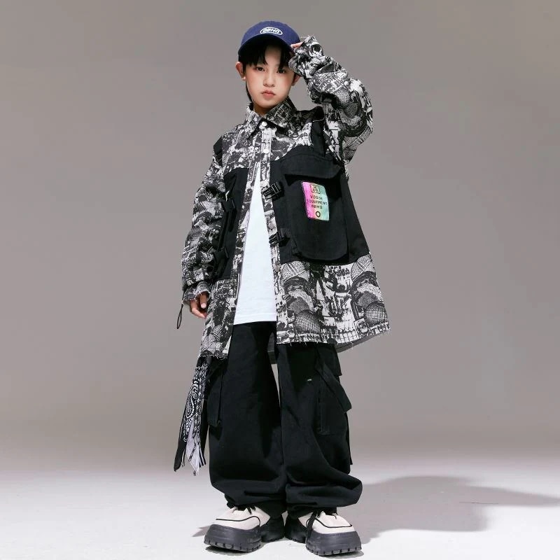Hiphopストリートダンス子供服ヒップホップ子供ファッション服男の子黒偽ベストスーツ男の子コスチューム秋
