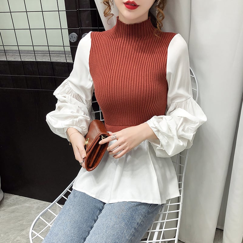 トップス ブラウス ニットソー プルオーバー 袖あり 長袖 ボリューム袖 ハイネック フレア ニット かわいい 大人可愛い きれいめ シンプル カジュアル 大人 上品 おしゃれ お洒落 レトロ wto