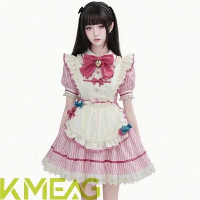 メイド服セット コスプレ衣装（ワンピース＋チョーカー＋エプロン） ロリータ 可愛いフリル付き 公主風 ピンク パーティー・イベント用