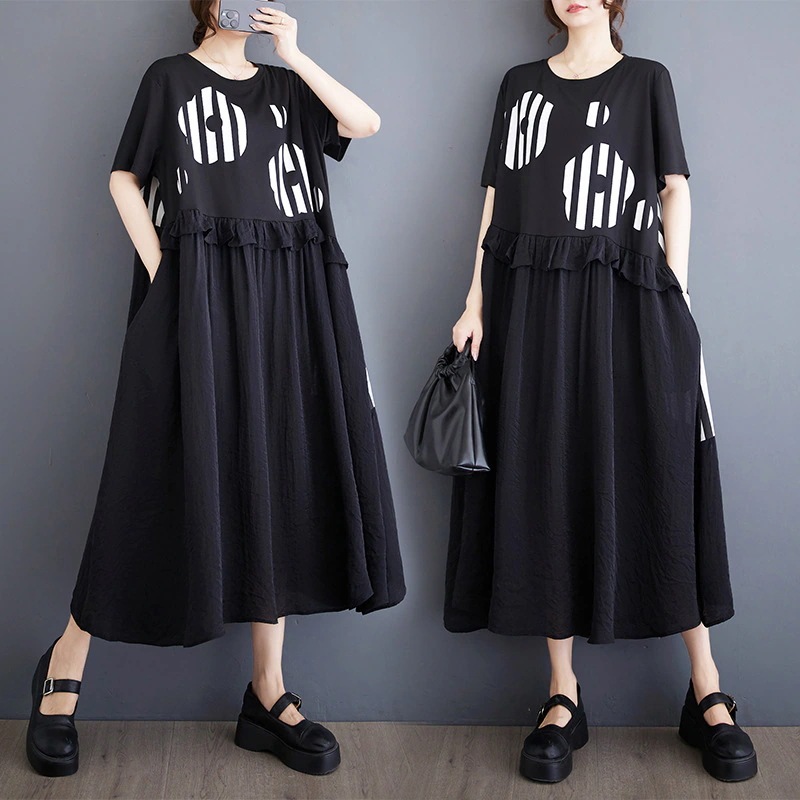 夏日韓新商品のゆったりとした大きいサイズの洋気ブラック着痩せ効果通勤ロングワンピース